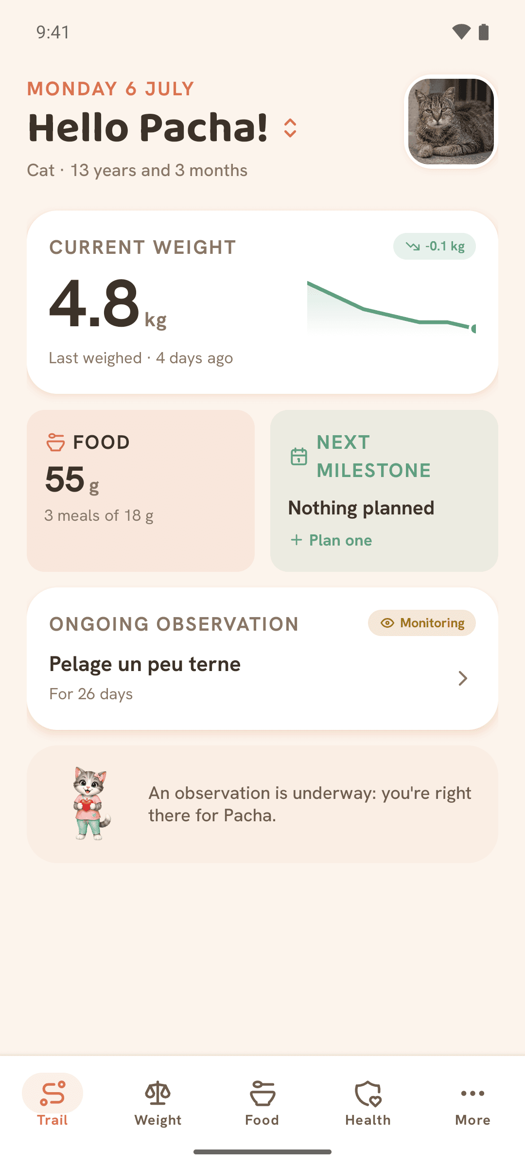 Animoa home screen: today's weight, meals and observation at a glance.
